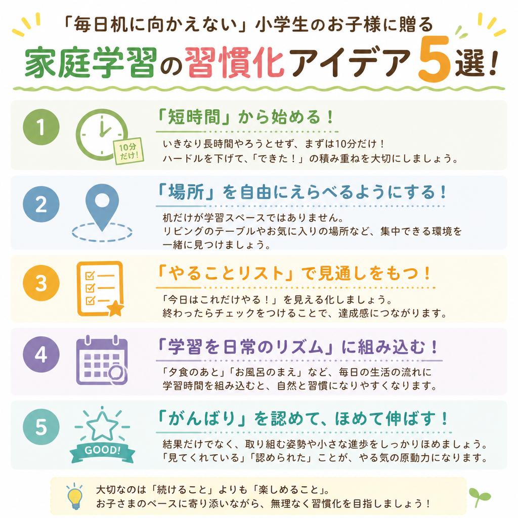 毎日机に向かえない小学生へ。家庭学習の習慣化アイデア5選